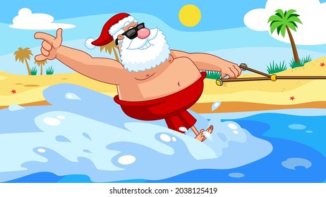 Smiling Santa Claus Cartoon Character With Sunglasses Surfing And Riding A Wave. Vector Hand Drawn Illustration Isolated On Transparent Background