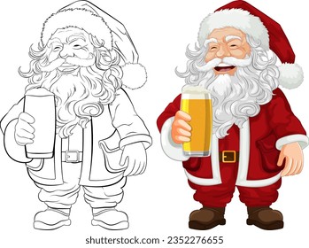 Smiling Santa Claus cartoon character with a surprise expression holding a pint of beer
