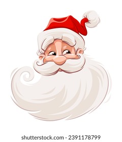 Smiling Santa Claus character head white beard and moustaches in traditional Christmas holiday suit on red background. Vector illustration.