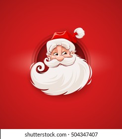 Smiling Santa Claus character head white beard and moustaches in traditional Christmas holiday merry santa clauses suit on red background. Vector illustration with Merry Father Christmas personage.