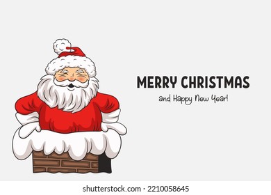 Smiling Santa Claus in a Chimney in Retro Cartoon Comic Style. Merry Christmas and Happy New Year Holiday Design Template, Greeting Card, Banner with Happy Laughing Santa Claus