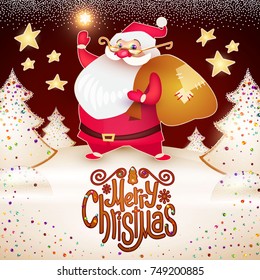  Smiling Santa Claus. Christmas Card Template with Snow and Lettering. Vector illustration