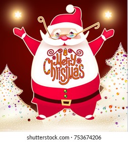 Smiling Santa Claus Christmas Card Template with Snow and Lettering of Merry Christmas. Vector illustration