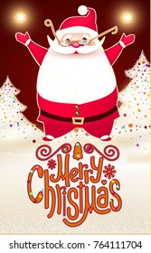 Smiling Santa Claus Christmas Card Template with Snow, Glazed Christmas Trees and Lettering of Merry Christmas. Vector illustration