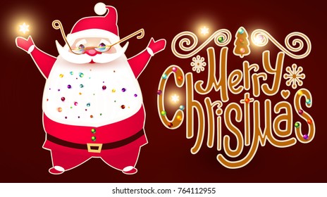 Smiling Santa Claus Christmas Card Template with Snow and Lettering of Merry Christmas. Vector illustration