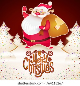 Smiling Santa Claus. Christmas Card Template with Snow, Christmas Trees and Lettering. Vector illustration