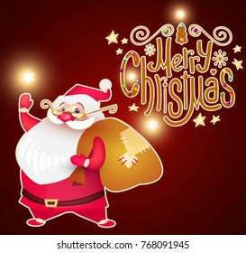 Smiling Santa Claus. Christmas Card Template with Snow, Christmas Trees and Lettering.