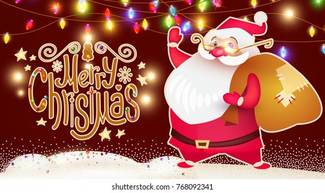 Smiling Santa Claus. Christmas Card Template with Snow, Christmas Trees and Lettering.