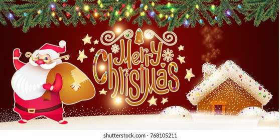 Smiling Santa Claus. Christmas Card Template with Snow, Christmas Trees, Gingerbread House and Lettering. Vector illustration