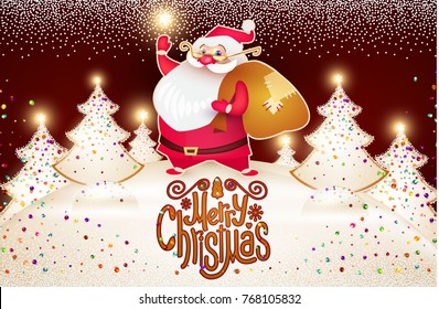 Smiling Santa Claus. Christmas Card Template with Snow, Christmas Trees and Lettering. Vector illustration