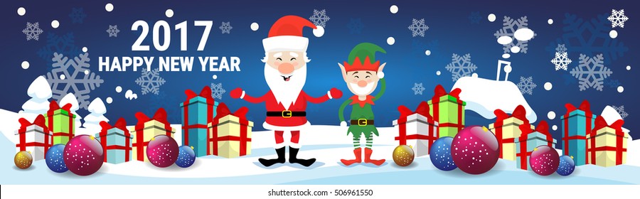 Smiling Santa Claus And Christmas Elf With Holiday Present Boxes Happy New Year Flat Vector Illustration