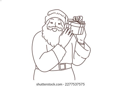 Smiling Santa Claus in costume stand holding wrapped Christmas present in hands. Joyful Santa with gift congratulate with happy New Year. Celebration. Vector illustration. 
