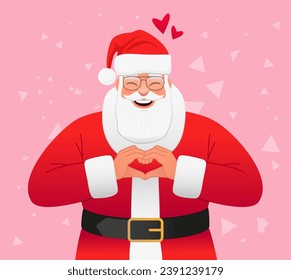Smiling Santa Claus folded his palms in the shape of a heart. Old Santa loves you. Santa Claus in love with glasses and a beautiful suit. New Year's card. Vector illustration on pink background.