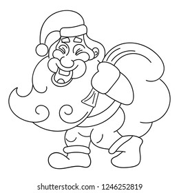 Smiling Santa Claus with a full bag of gifts. Merry Christmas and happy new year. Vector illustration