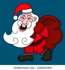 Smiling Santa Claus with a full bag of gifts. Merry Christmas and happy new year. Vector illustration