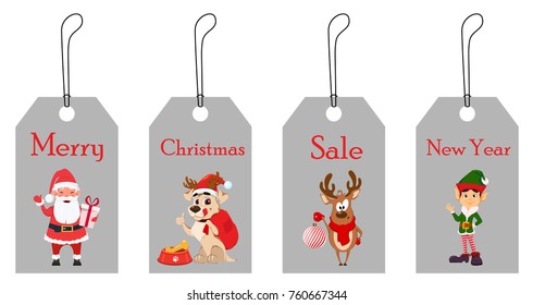 Smiling Santa Claus with gift box, dog with a bag for presents, deer with Christmas tree decoration and cute elf. Christmas tags for sale. Vector illustration.