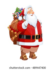 Smiling Santa Claus with gift sack. Christmas cartoon character. Vector illustration. Isolated white background. Bearded old-man in red costume is symbol of traditional winter new year celebration