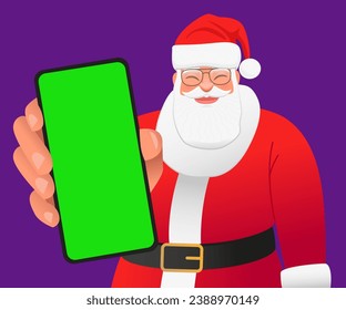 Smiling Santa Claus with glasses is standing with a smartphone in his hand. Cartoon Santa shows a close-up of a green phone screen to the camera. Place to advertise a mobile app. Vector illustration. svg