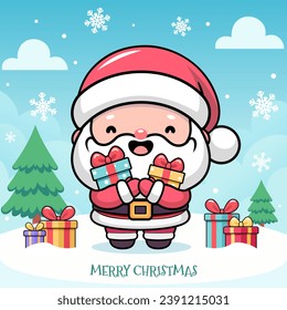 Smiling Santa Claus holding Christmas gift boxes on blue sky background with green trees, snowflakes, clouds, presents lying around on the ground. Vector cartoon illustration.