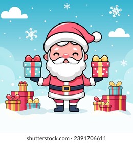 Smiling Santa Claus holding Christmas gift boxes on blue sky background with snowflakes, clouds, presents lying around on the ground. Vector cartoon illustration.
