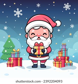 Smiling Santa Claus holding Christmas gift boxes on night sky background with snow, snowflakes, green tree, presents lying around on the ground. Vector cartoon illustration.