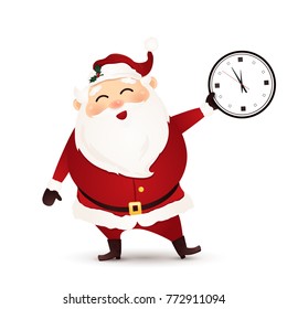 Smiling Santa Claus holding clock showing five minutes to midnight. Happy Santa Claus isolated on white background. Merry Christmas. vector illustration