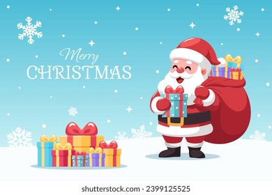 Smiling Santa Claus holding green gift box and red big bag of presents on sky blue background with snowflakes, snow, stars. Merry Christmas greeting card vector illustration.