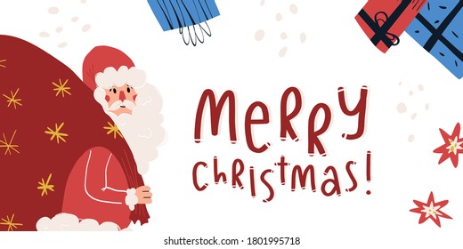 Smiling Santa Claus holding huge back bag with presents, Merry Christmas greeting lettering, snow and hand drawn various gift boxes. Funny card, banner, advertising flyer design. Vector illustration.