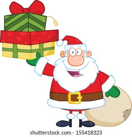 Smiling Santa Claus Holding Up A Stack Of Gifts