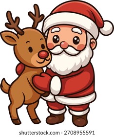 Papai Noel sorridente abraçando uma rena amigável em uma cena quente de Natal festivo. Ótimo para cartões de férias, adesivos, produtos para crianças e desenhos sazonais.