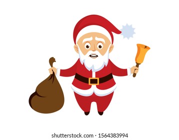 Smiling Santa Claus icon vector illustration. Cute Santa Claus cartoon character. Santa icon isolated on a white background. Santa holding gifts sack and bell vector