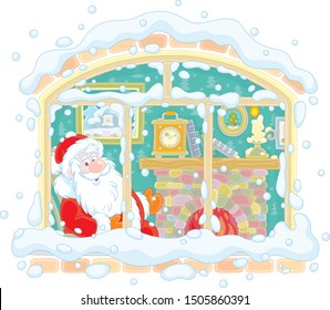 Smiling Santa Claus looking through a window and basking by his old fireplace after a winter walk in a snowy forest, vector illustration in a cartoon style