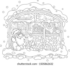 Smiling Santa Claus looking through a window and basking by his old fireplace after a winter walk in a snowy forest, black and white vector illustration in a cartoon style for a coloring book