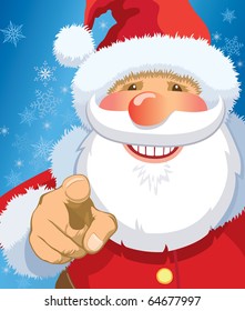 Smiling Santa Claus pointing at you, snowflakes in the background.