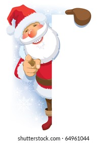 Smiling Santa Claus pointing at you and blank poster.