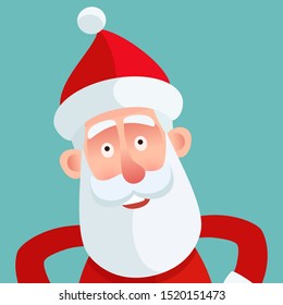 Smiling Santa Claus portrait. Red hat, kind eyes and funny face. Vector illustration, flat design, cartoon style.