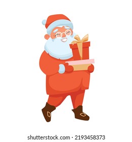 Smiling Santa Claus in Red holds boxes with presents. Funny vector illustration in traditional red and yellow colors great for winter season print. 