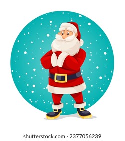 Smiling Santa Claus in red suit standing alone. Christmas holiday cartoon character. Snow falling the circle. Vector illustration.