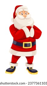 Smiling Santa Claus in red suit standing alone. Christmas holiday cartoon character. Isolated on white background. Vector illustration.