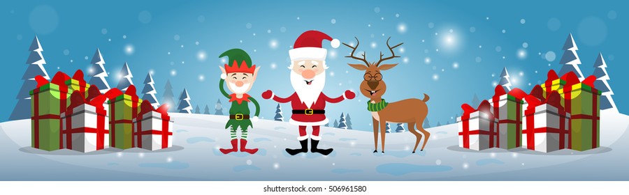Smiling Santa Claus, Reindeer And Christmas Elf With Holiday Present Boxes Happy New Year Flat Vector Illustration