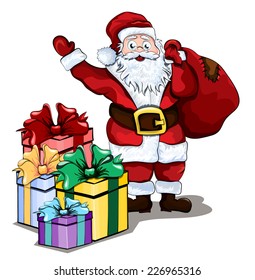 Smiling Santa Claus with sack full of gifts and boxes