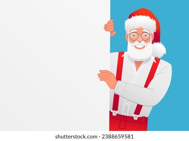 A smiling Santa Claus in a shirt and suspenders holds a white poster sheet in his hands. A template, a place for your ad. Vector illustration on a blue background.