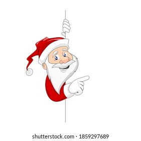 smiling Santa Claus showing on white board with empty space for messages. Santa Claus character with copy space