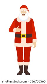 Smiling Santa Claus shows thumb up. Full length portrait of Santa Claus in a flat style. Vector illustration. 