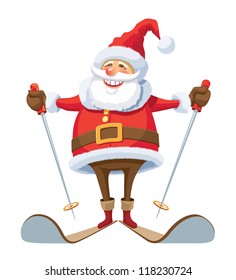 Smiling Santa Claus skiing, over white background.