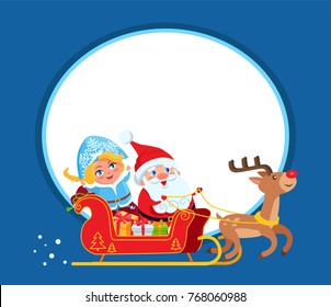 Smiling Santa Claus and Snow Maide with blue eyes, bring gifts in harness sleigh with deer, against background of Moon, vector icon with frame
