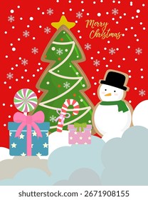 Smiling santa claus standing with deer and snowman to celebrate merry Christmas and new year on blue background. Holiday character templates for winter season. Flat cartoon vector illustration
