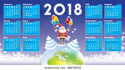 Smiling Santa Claus standing on a top of world globe, New Calendar 2018 in the background.
