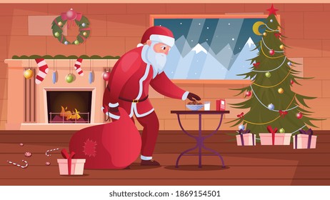 Sonriente santa claus tomando galletas en la habitación decorada ilustración vectorial plana