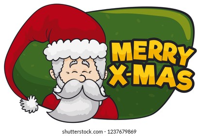 Smiling Santa Claus with traditional clothes and a long hat inside a greeting sign for Christmas celebration.